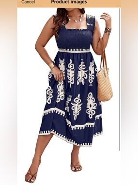 Navy and Cream Printed Smocked Midi Dress